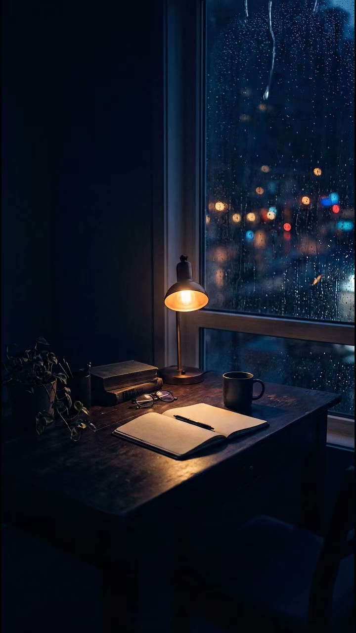 Desk lamp by a rainy window