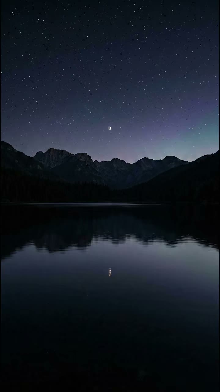 Still mountain lake under a crescent moon